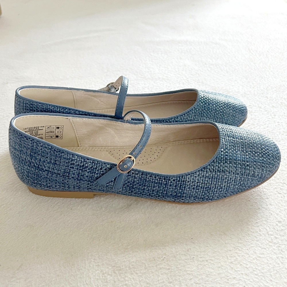 Lands End Mary Jane Flats Women 6.5 Blue Woven Textured Buckle Strap Shoes - Picture 3 of 12